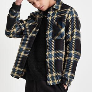 WAX London Whiting Overshirt - Beau Check Black/Khaki  - Blue Yellow - Size L